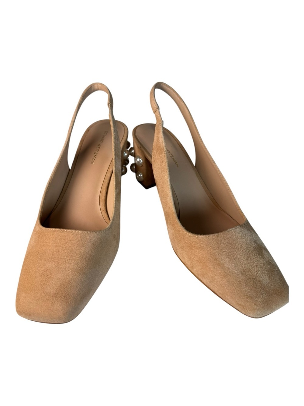 Stuart Weitzman Pearl Suede Slingback Pumps Tan Beige Square Toe  Size 7.5|NWT